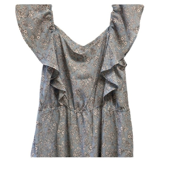 Monteau blue and cream flowered ruffle sleeved dress women's Large - Picture 7 of 9